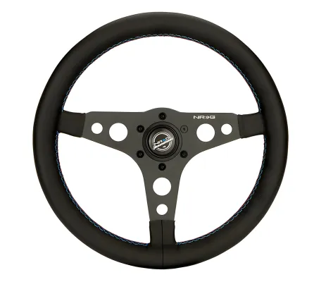 Universal (Rigid) (Black Leather Rim, Matte Black Spokes With Circular Cutouts) (M3 Colorway Stitching) (350mm Diameter)