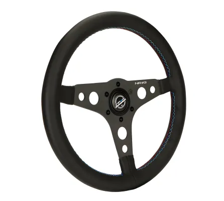 Universal (Rigid) (Black Leather Rim, Matte Black Spokes With Circular Cutouts) (M3 Colorway Stitching) (350mm Diameter)