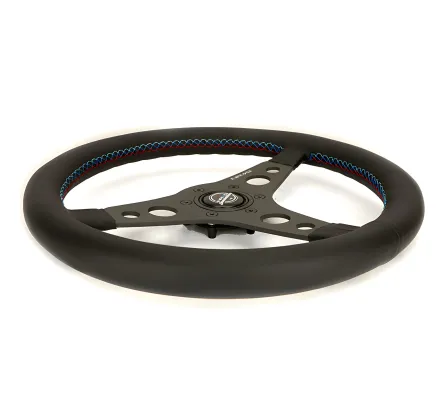 Universal (Rigid) (Black Leather Rim, Matte Black Spokes With Circular Cutouts) (M3 Colorway Stitching) (350mm Diameter)
