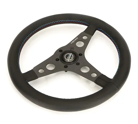Universal (Rigid) (Black Leather Rim, Matte Black Spokes With Circular Cutouts) (M3 Colorway Stitching) (350mm Diameter)