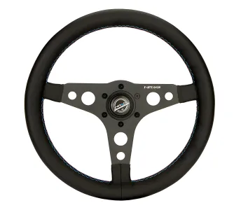 Universal (Rigid) (Black Leather Rim, Matte Black Spokes With Circular Cutouts) (M3 Colorway Stitching) (350mm Diameter)